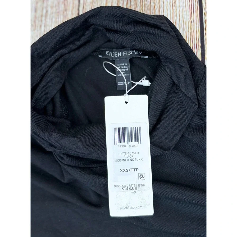 Eileen Fisher Scrunch‎ Neck Tunic Size XXS Black Long Sleeve Top Tencel NWT